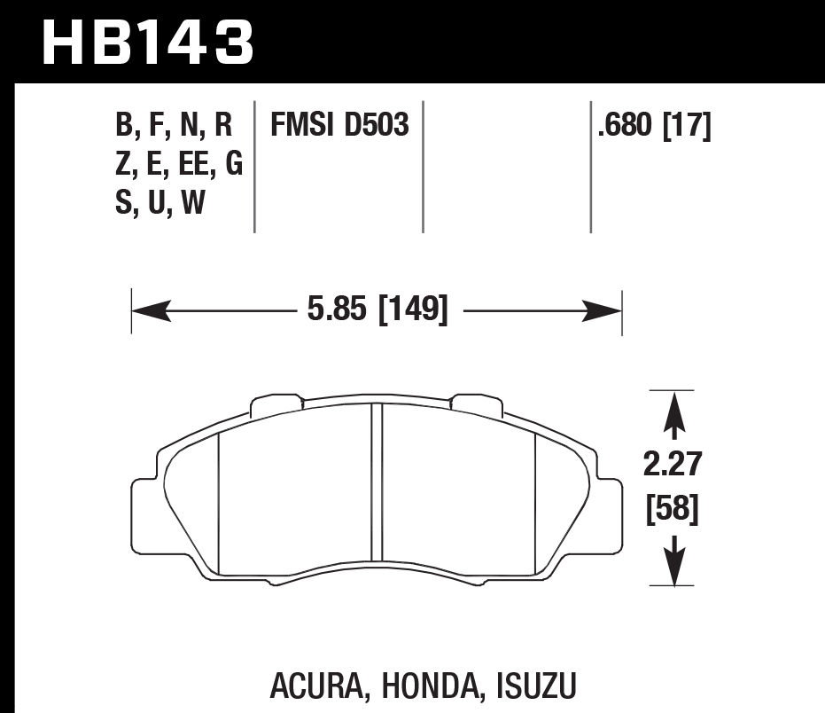 HAWK DTC 70 Brake Pads 149mm x 58mm HWK-HB143U.680 - Front