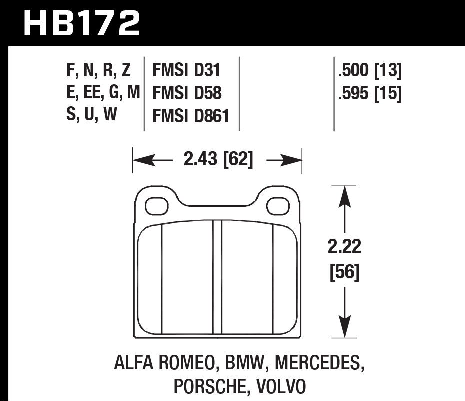 HAWK Blue 9012 Brake Pads 62mm x 56mm HWK-HB172E.595 - Front