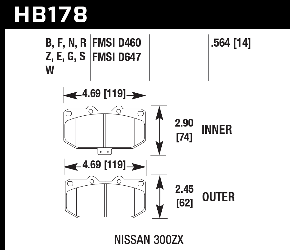 HAWK HPS 5.0 Brake Pads 119mm x 74mm HWK-HB178B.564 - Front