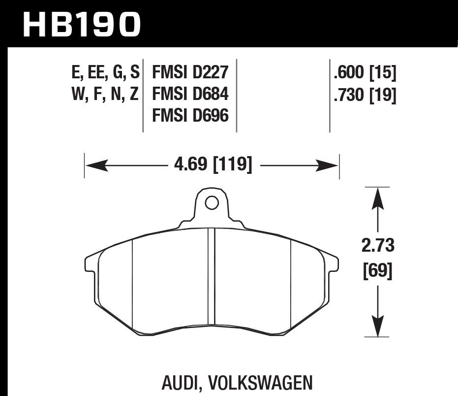 HAWK Blue 9012 Brake Pads 119mm x 69mm HWK-HB190E.600 - Front