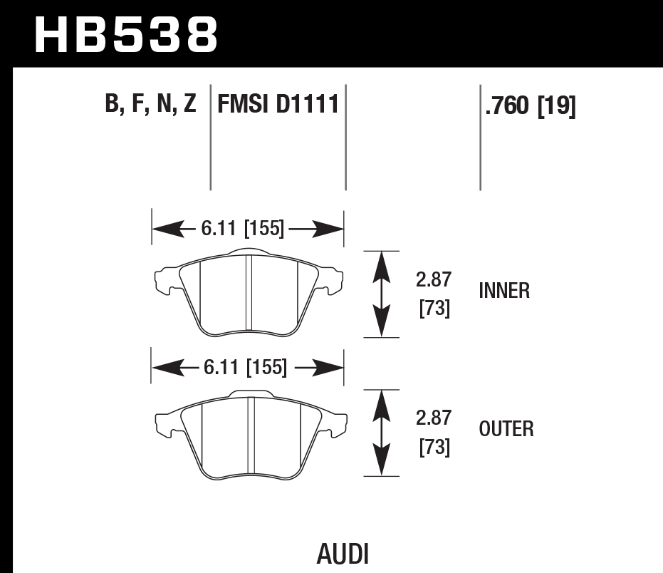 HAWK HPS 5.0 Brake Pads 155mm x 73mm HWK-HB538B.760 - Front