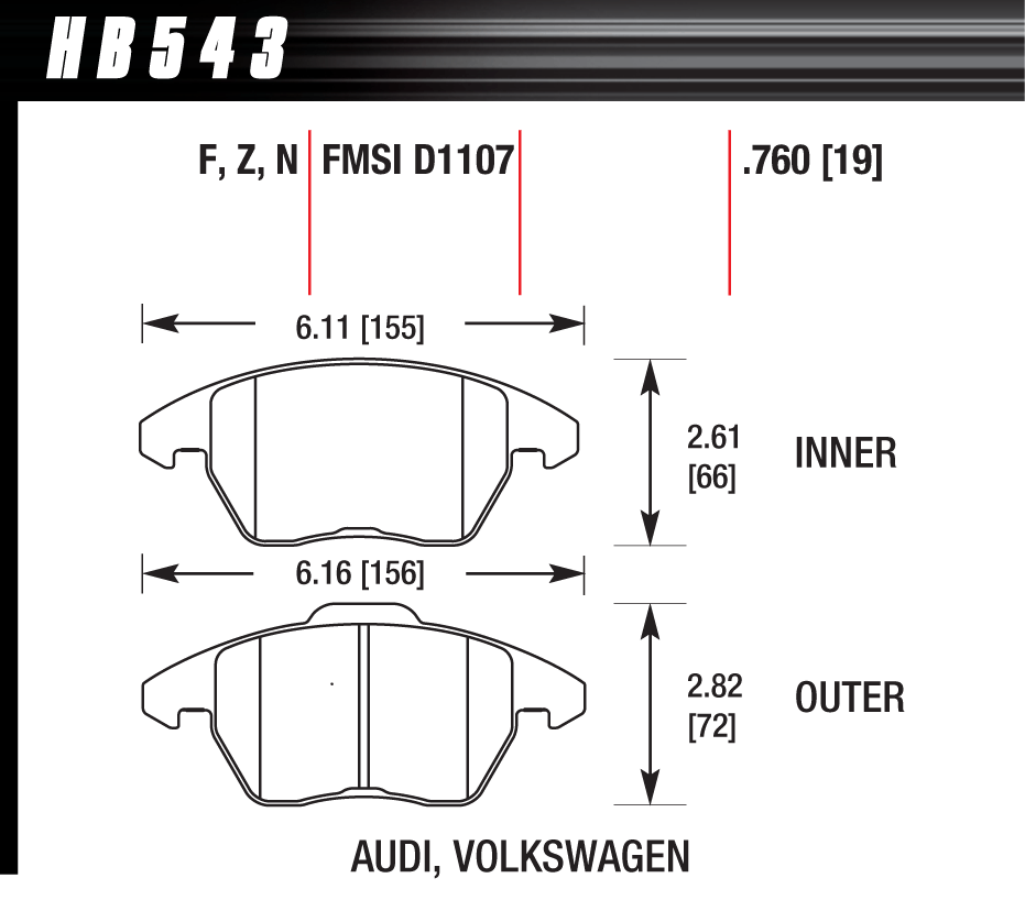 HAWK HPS Brake Pads 156mm x 66mm HWK-HB543F.760 - Front
