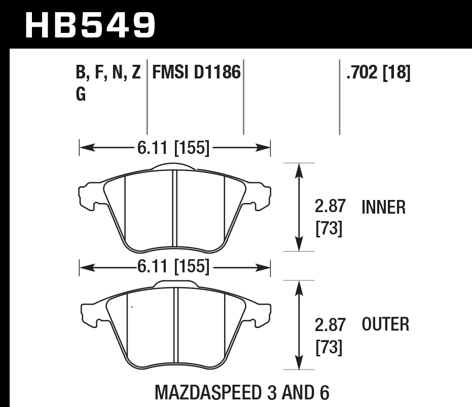 HAWK HPS 5.0 Brake Pads 155mm x 73mm HWK-HB549B.702 - Front