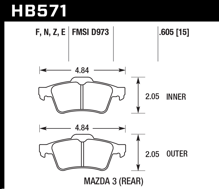 HAWK HPS Brake Pads 123mm x 52mm HWK-HB571F.605 - Rear