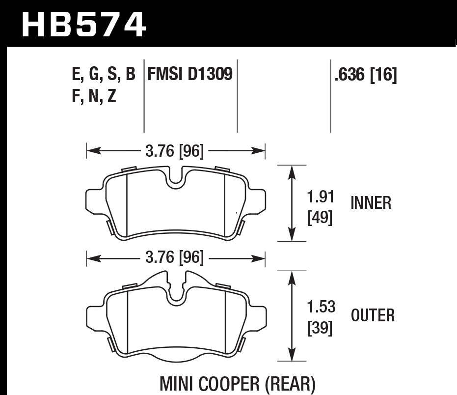 HAWK HPS Brake Pads 96mm x 49mm HWK-HB574F.636 - Rear