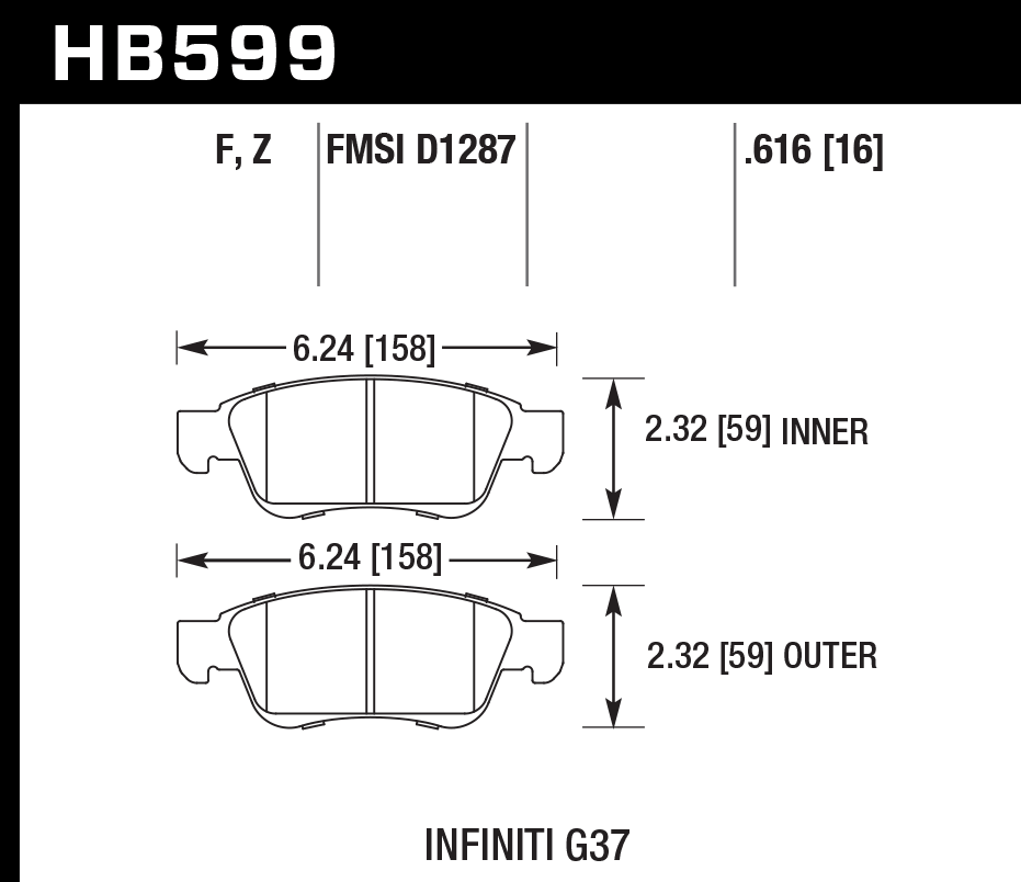 HAWK PC Brake Pads 158mm x 59mm HWK-HB599Z.616 - Front
