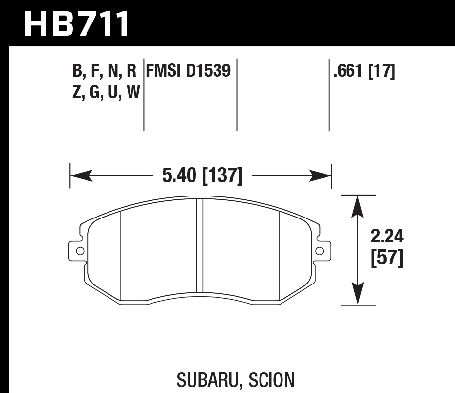 HAWK HPS 5.0 Brake Pads 137mm x 57mm HWK-HB711B.661 - Front