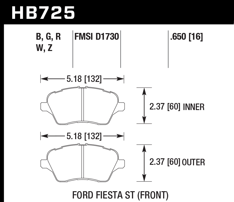 HAWK PC Brake Pads 132mm x 60mm HWK-HB725Z.650 - Front