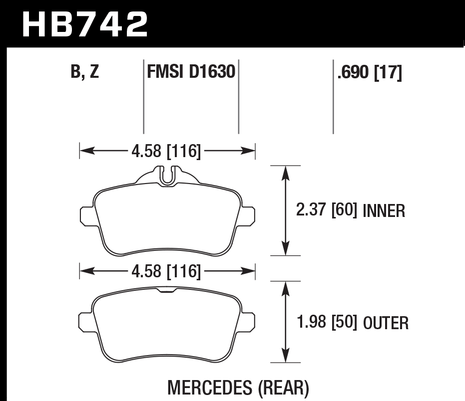 HAWK HPS 5.0 Brake Pads 116mm x 60mm HWK-HB742B.690 - Rear