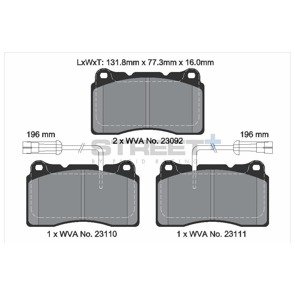 Pagid Street Brake Pads 131.6mm x 77.2mm T8017SP2001 - Front
