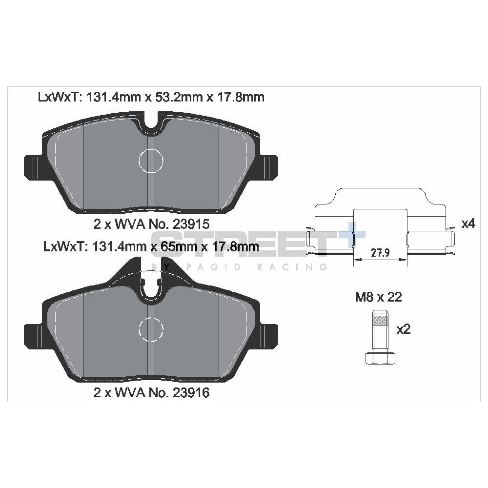 Pagid Street Brake Pads 131.4mm x 65mm T8050SP2001 - Front