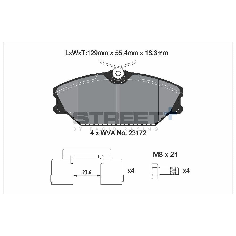 Pagid Street Brake Pads 128.9mm x 55.4mm T8165SP2001 - Front
