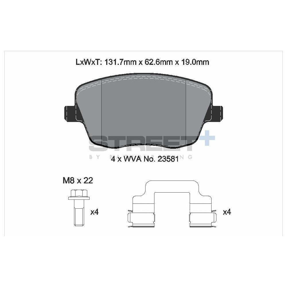 Pagid Street Brake Pads 131.6mm x 62.6mm T8177SP2001 - Front