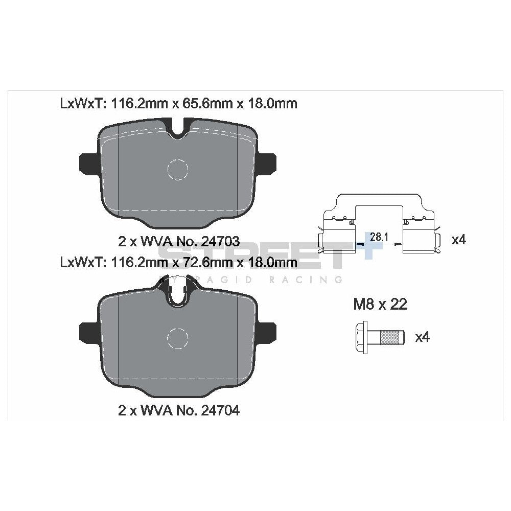 Pagid Street Brake Pads 116.2mm x 72.6mm T8283SP2001 - Rear