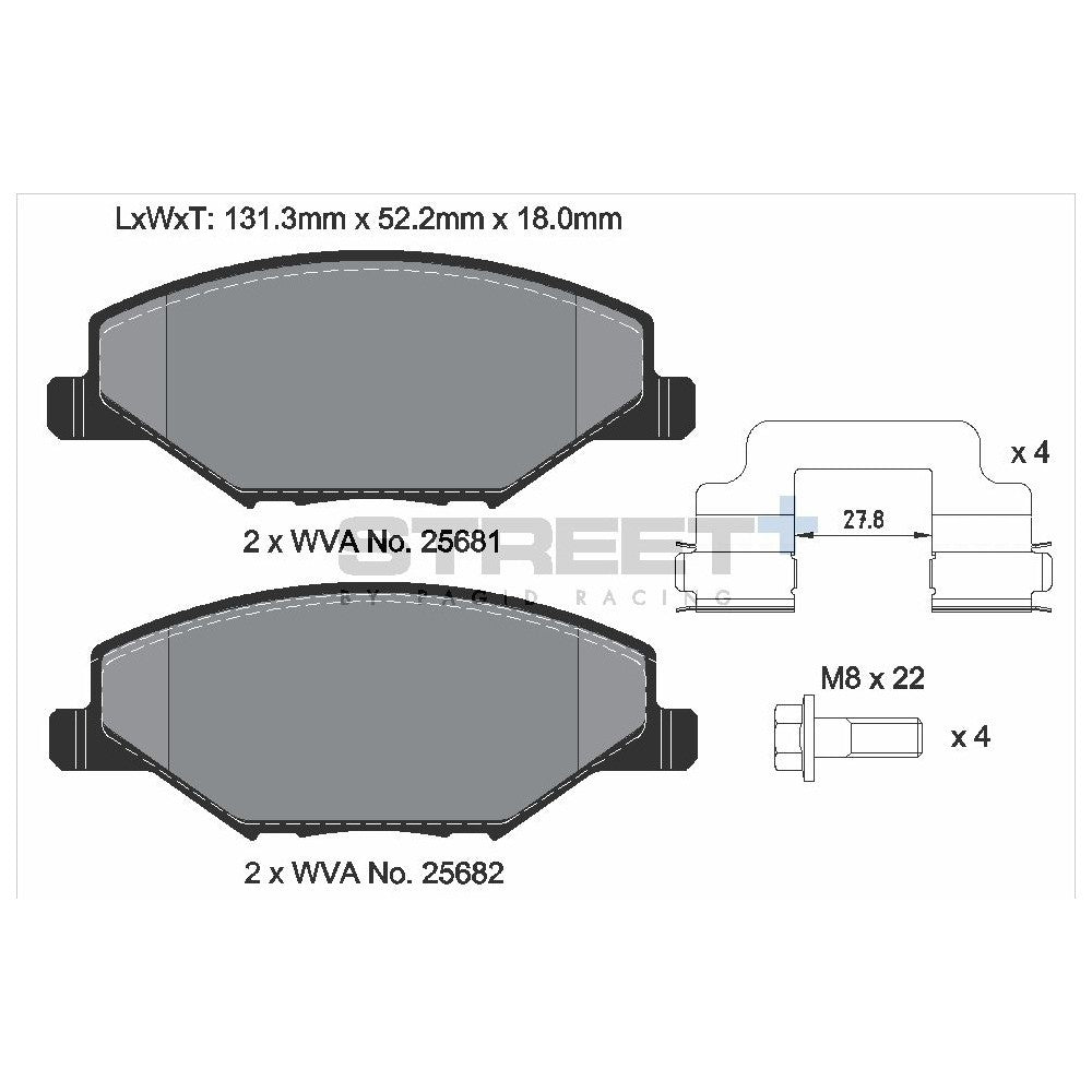 Pagid Street Brake Pads 131mm x 52.2mm T8304SP2001 - Front