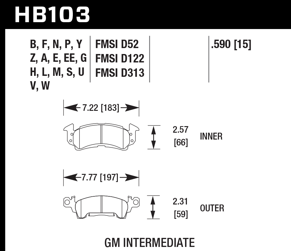 HAWK HPS Brake Pads 183mm x 66mm HWK-HB103F.590 - Front