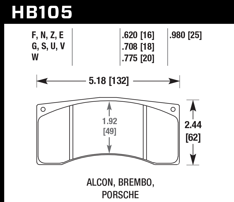 HAWK HPS Brake Pads 132mm x 62mm HWK-HB105F.620 - Front