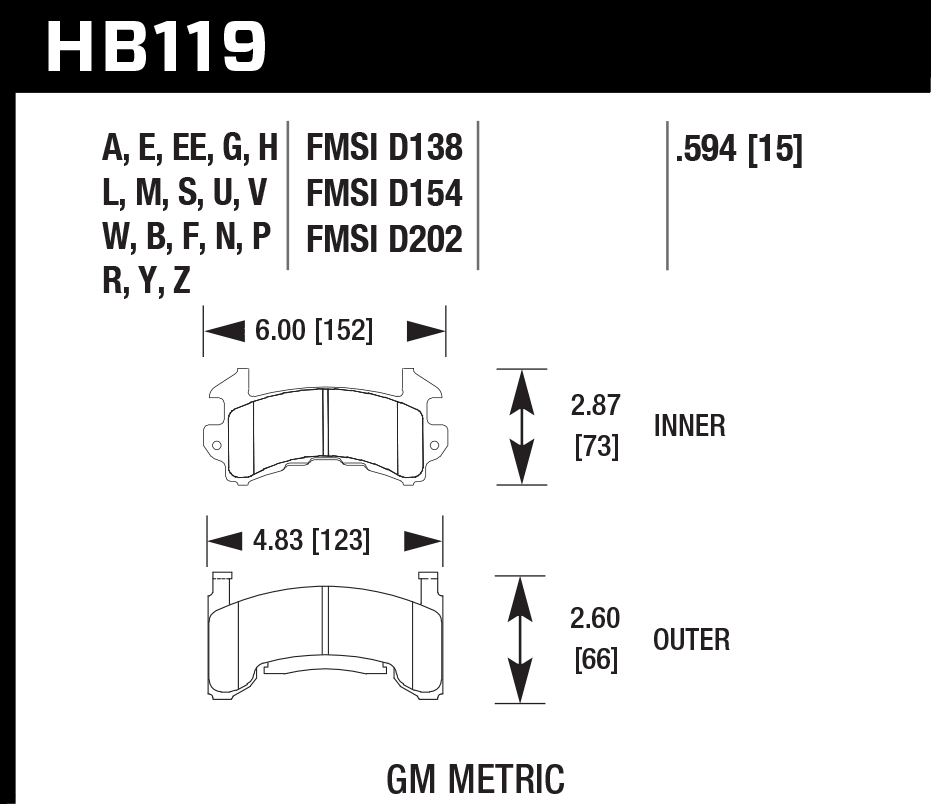 HAWK DTC 60 Brake Pads 152mm x 73mm HWK-HB119G.594 - Front