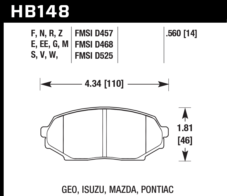 HAWK HPS 5.0 Brake Pads 110mm x 46mm HWK-HB148B.560 - Front