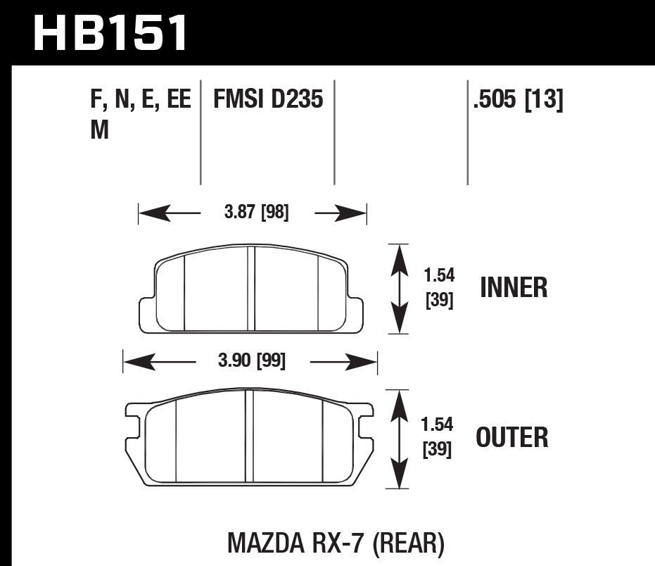 HAWK Blue 9012 Brake Pads 98mm x 39mm HWK-HB151E.505 - Rear