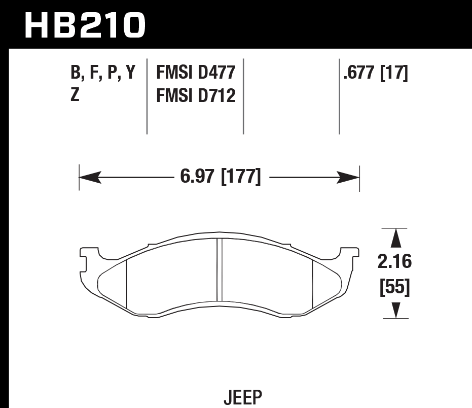 HAWK PC Brake Pads 177mm x 55mm HWK-HB210Z.677 - Front