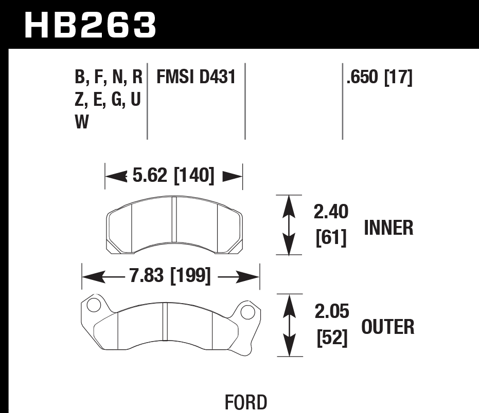 HAWK HPS 5.0 Brake Pads 140mm x 61mm HWK-HB263B.650 - Front