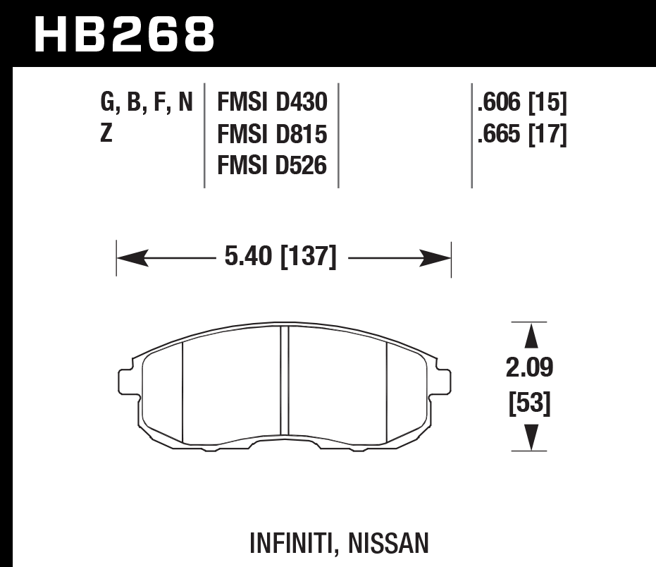 HAWK HPS 5.0 Brake Pads 137mm x 53mm HWK-HB268B.665 - Front