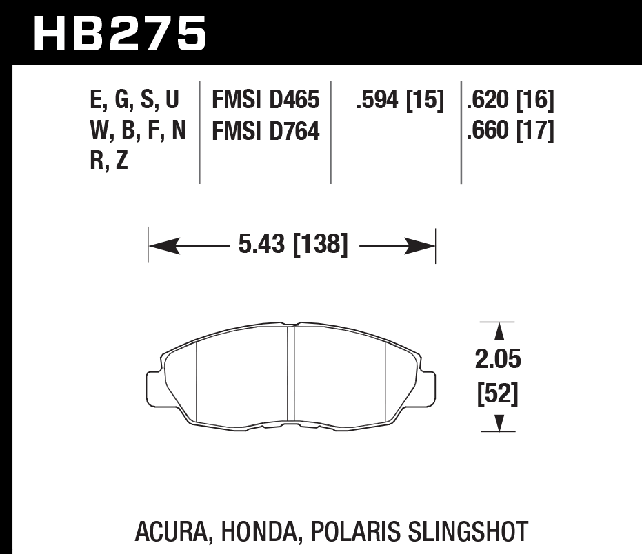 HAWK HPS Brake Pads 138mm x 52mm HWK-HB275F.620 - Front