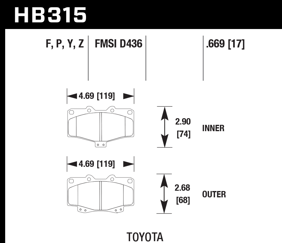 HAWK HPS Brake Pads 119mm x 74mm HWK-HB315F.669 - Front