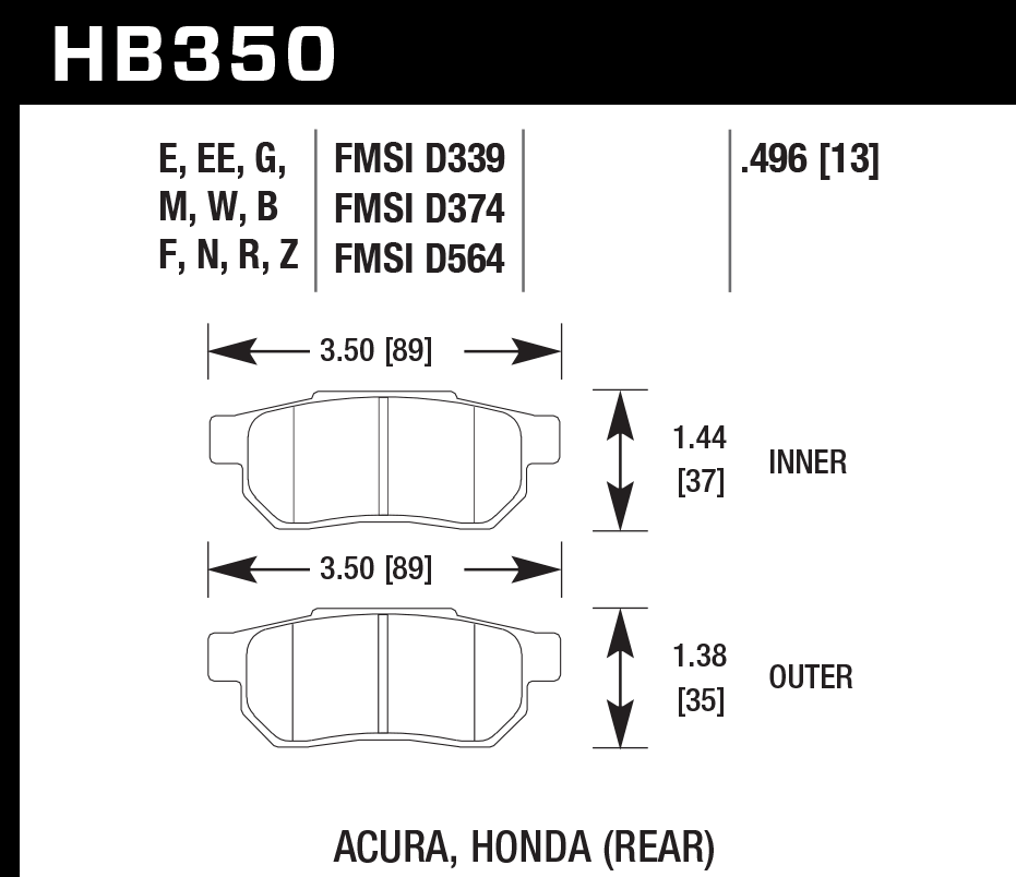 HAWK HPS 5.0 Brake Pads 89mm x 37mm HWK-HB350B.496 - Rear