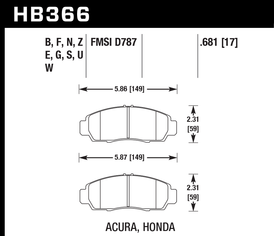 HAWK DTC 70 Brake Pads 149mm x 59mm HWK-HB366U.681 - Front