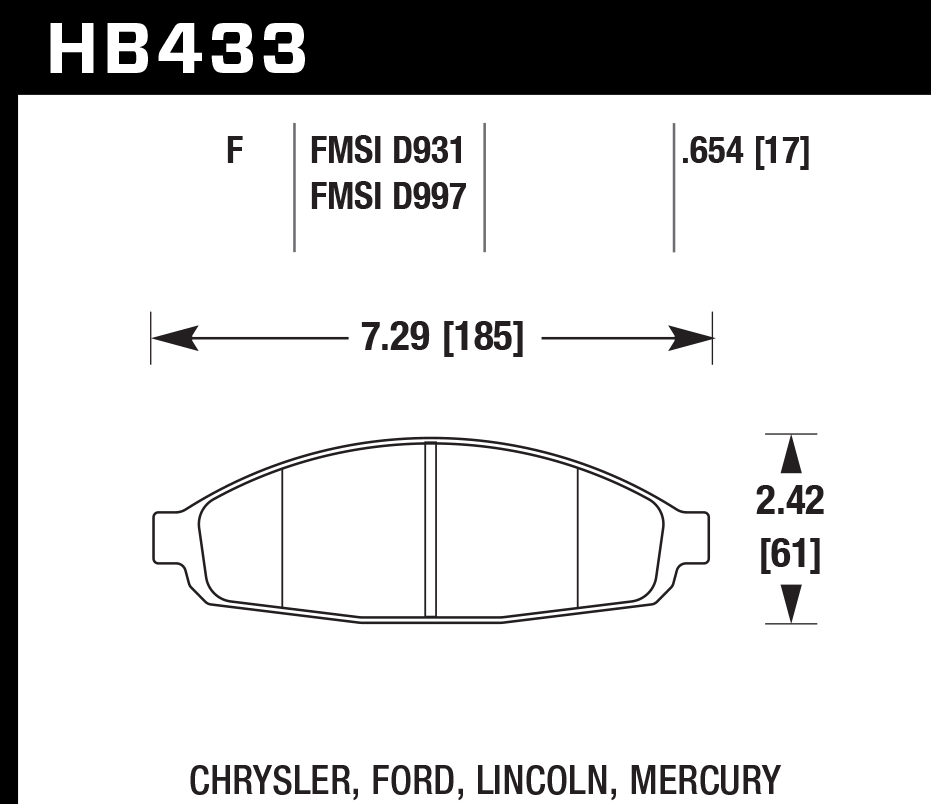 HAWK HPS 5.0 Brake Pads 185mm x 61mm HWK-HB433B.654 - Front