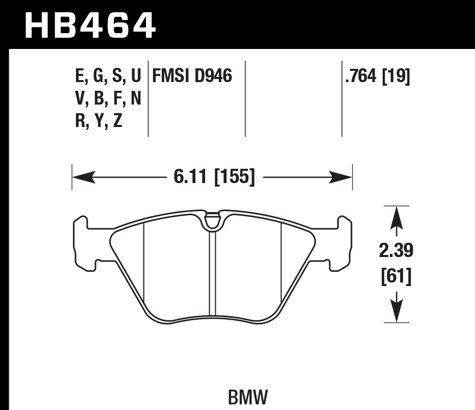 HAWK HPS Brake Pads 155mm x 61mm HWK-HB464F.764 - Front