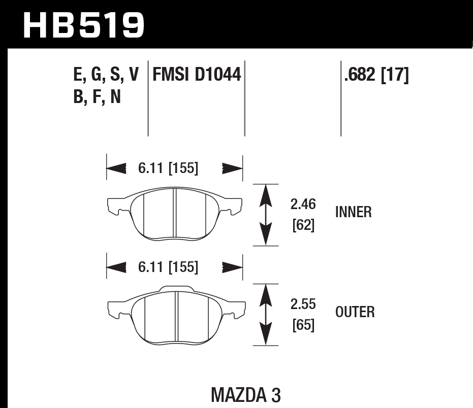 HAWK DTC 60 Brake Pads 155mm x 62mm HWK-HB519G.682 - Front