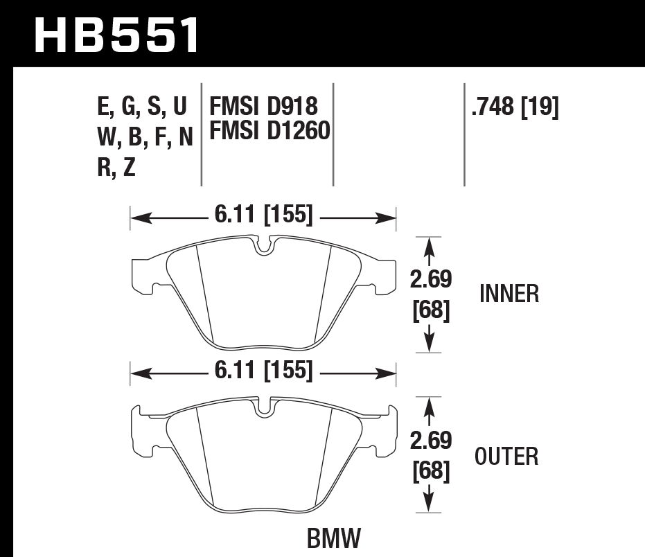 HAWK ER-1 Brake Pads 155mm x 68mm HWK-HB551D.748 - Front