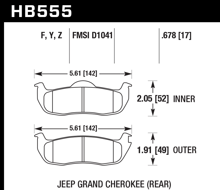 HAWK HPS Brake Pads 142mm x 52mm HWK-HB555F.678 - Rear