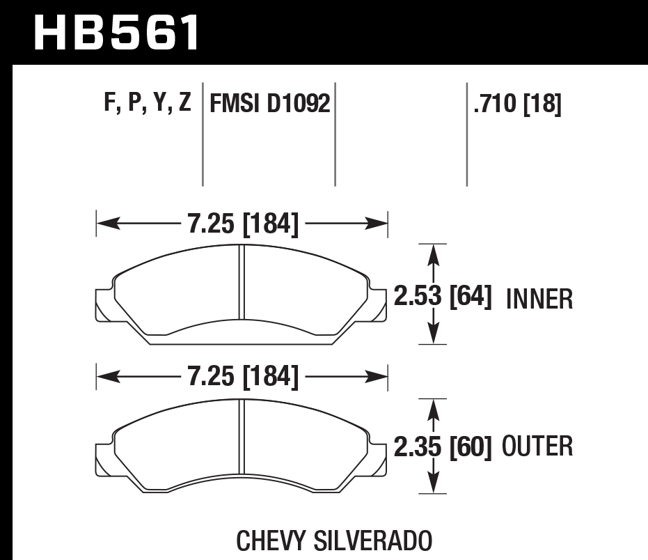 HAWK PC Brake Pads 184mm x 64mm HWK-HB561Z.710 - Front