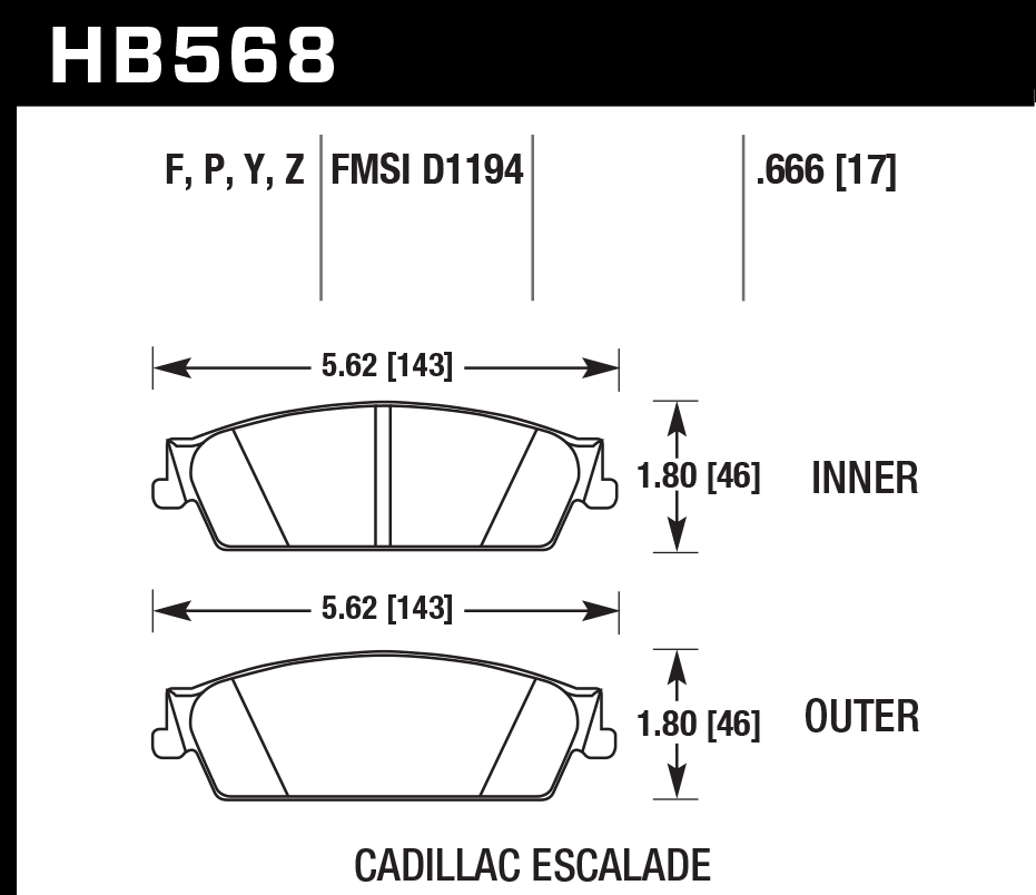 HAWK PC Brake Pads 143mm x 46mm HWK-HB568Z.666 - Rear