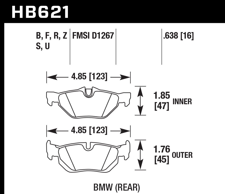 HAWK HPS 5.0 Brake Pads 123mm x 47mm HWK-HB621B.638 - Rear
