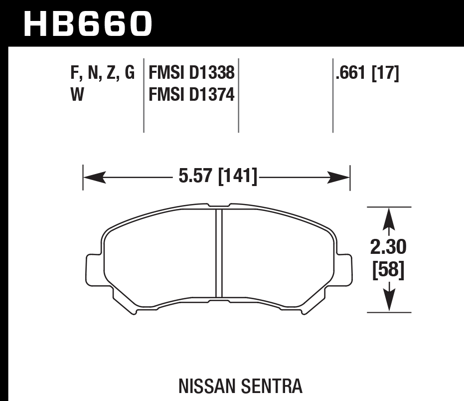 HAWK HPS Brake Pads 141mm x 58mm HWK-HB660F.661 - Front