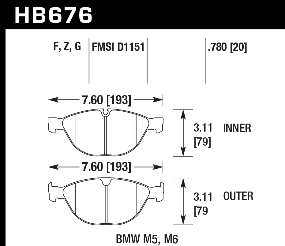HAWK HPS 5.0 Brake Pads 193mm x 79mm HWK-HB676B.780 - Front