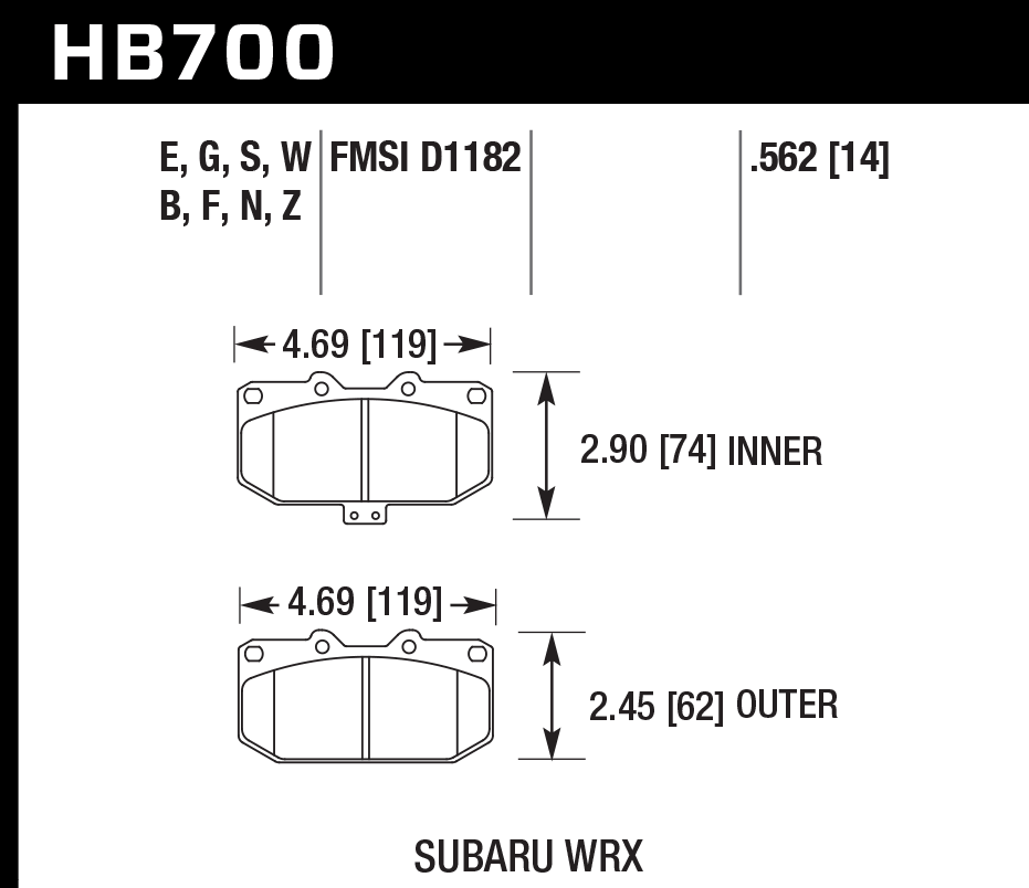 HAWK HPS 5.0 Brake Pads 119mm x 74mm HWK-HB700B.562 - Front