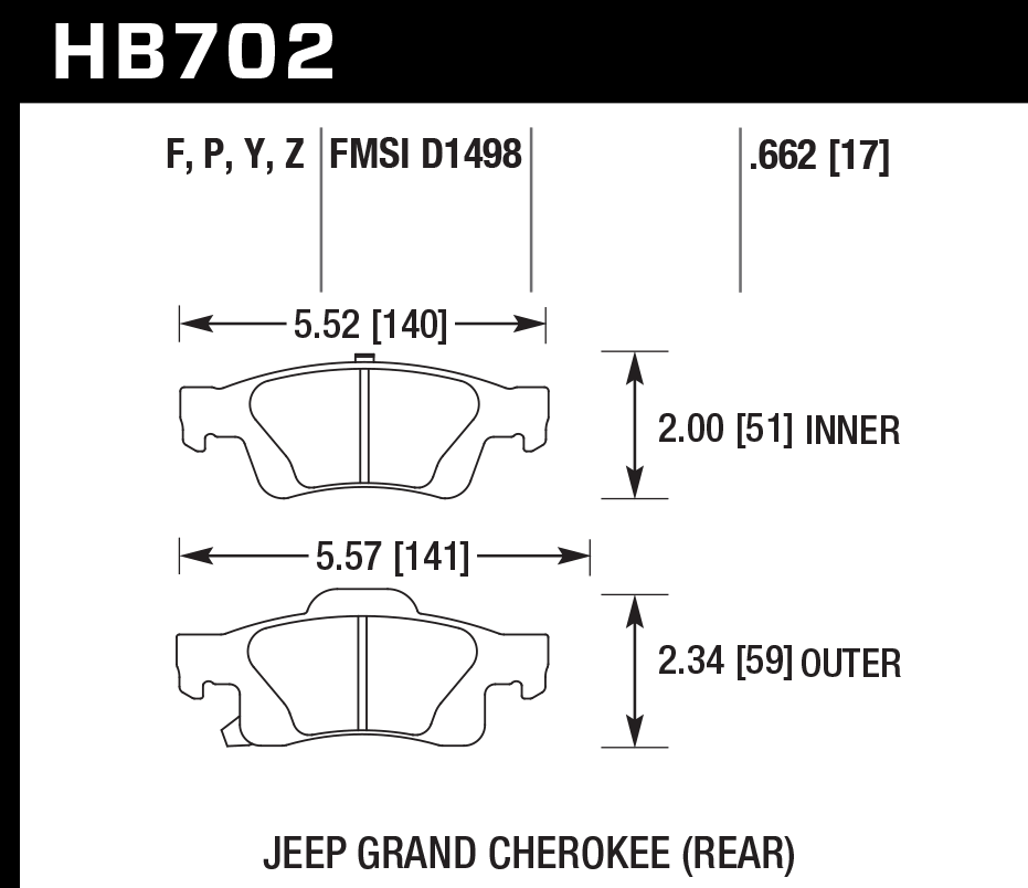 HAWK LTS Brake Pads 140mm x 51mm HWK-HB702Y.662 - Rear