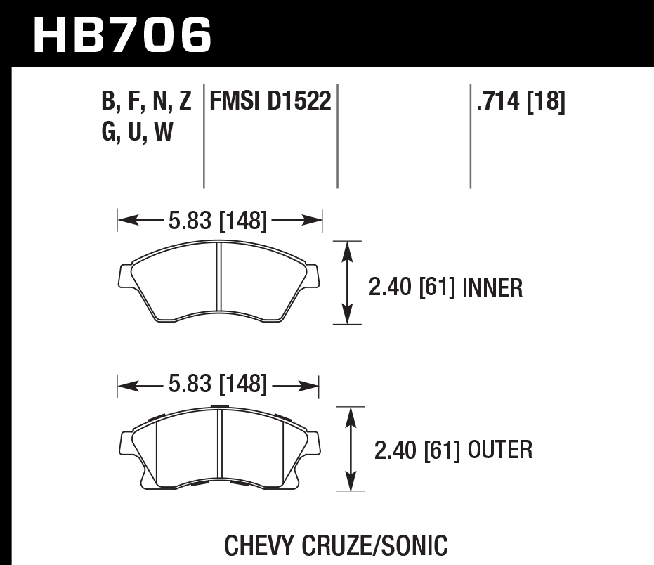 HAWK DTC 60 Brake Pads 148mm x 61mm HWK-HB706G.714 - Front