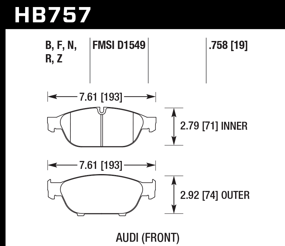 HAWK HPS 5.0 Brake Pads 193mm x 71mm HWK-HB757B.758 - Front
