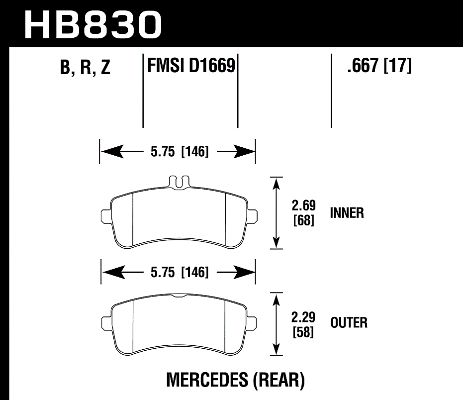 HAWK PC Brake Pads 146mm x 68mm HWK-HB830Z.667 - Rear