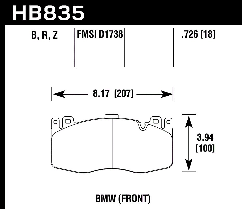 HAWK PC Brake Pads 207mm x 100mm HWK-HB835Z.726 - Front