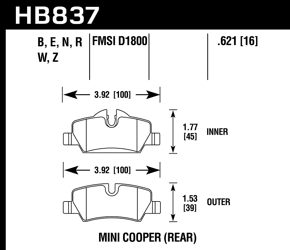 HAWK HPS 5.0 Brake Pads 100mm x 45mm HWK-HB837B.621 - Rear