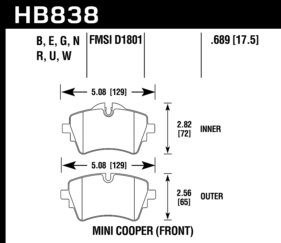 HAWK HPS 5.0 Brake Pads 129mm x 72mm HWK-HB838B.689 - Front