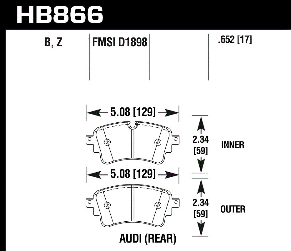 HAWK PC Brake Pads 129mm x 59mm HWK-HB866Z.652 - Rear